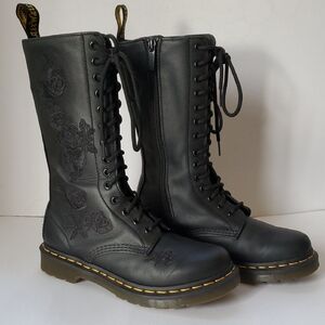 Dr. Martens - Floral Embroidered Leather Mid Calf Boots | Mono 1914 Vonda